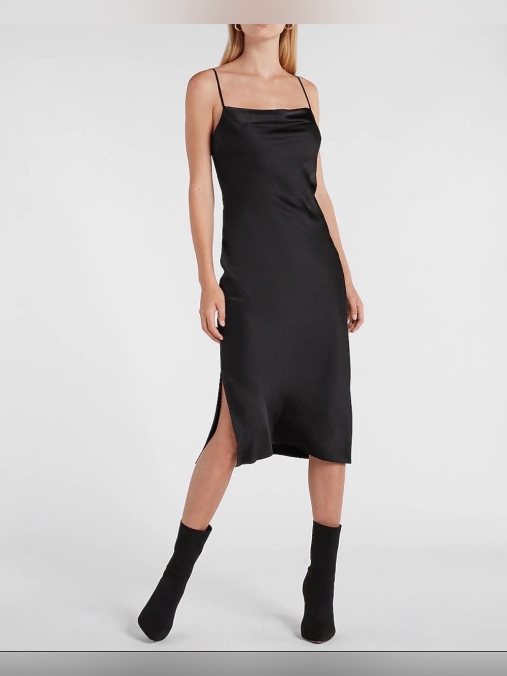 Express Classic Black Slip Dress - Sleek Satin Spaghetti Strap Midi LBD